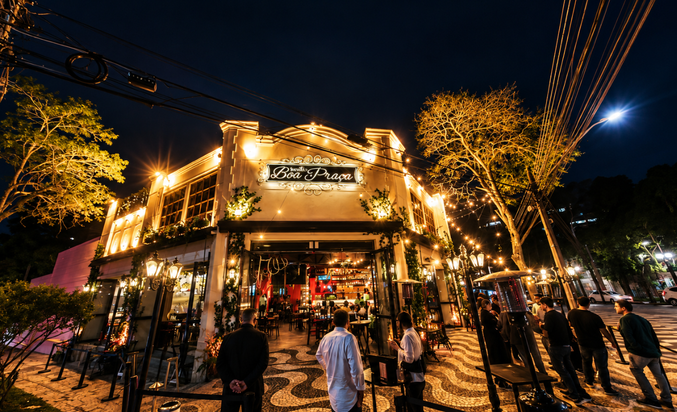 Avenida do Batel em Curitiba à noite, com restaurantes iluminados e movimento de pedestres em calçadas arborizadas