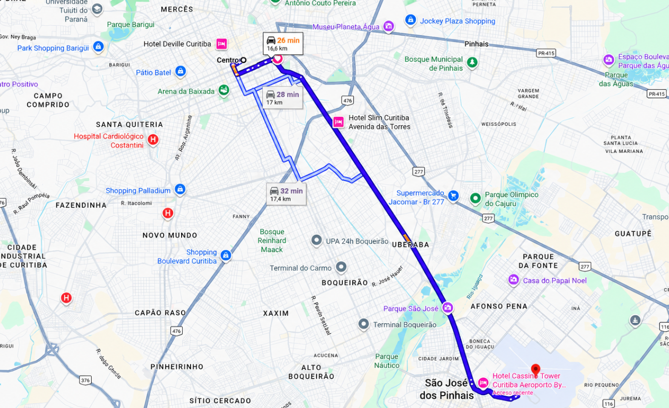 Mapa ilustrativo mostrando o trajeto entre o Aeroporto Afonso Pena e o centro de Curitiba