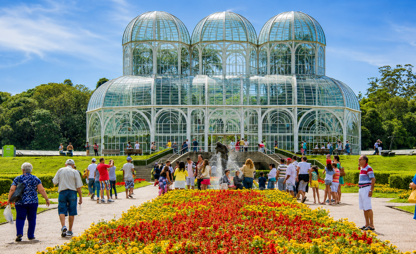 Visitantes admirando a estufa de vidro do Jardim Botânico de Curitiba ao amanhecer, com tapete de flores coloridas em primeiro plano