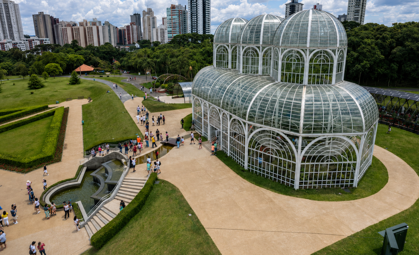 Vista do Jardim Botânico de Curitiba, um dos principais pontos turísticos da capital paranaense