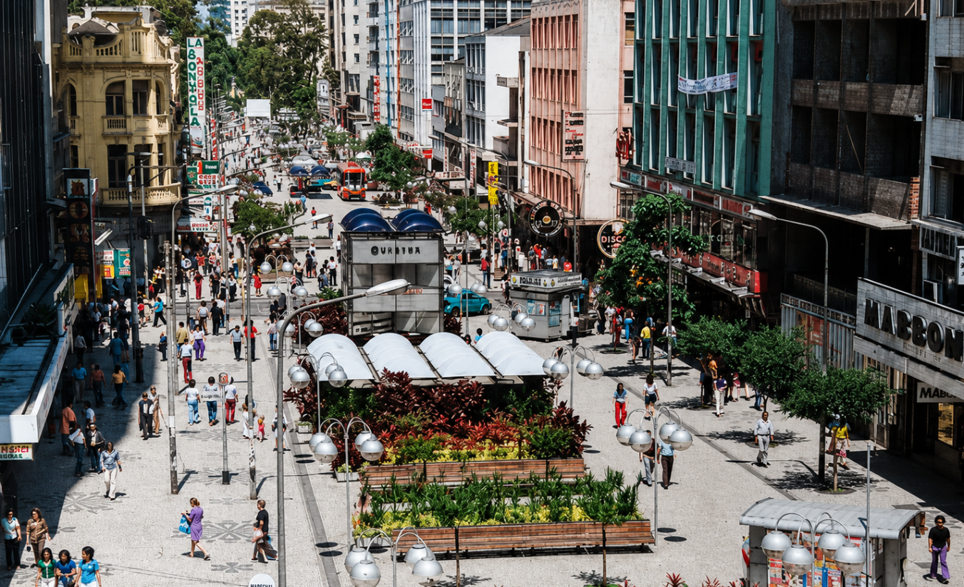 Vista panorâmica do centro histórico de Curitiba com a Rua das Flores, o Largo da Ordem e a Catedral Metropolitana