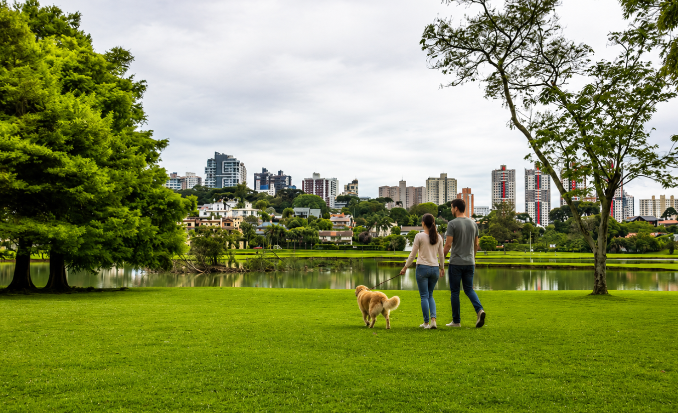 Cachorro brincando com guia em parque urbano arborizado no Centro de Curitiba