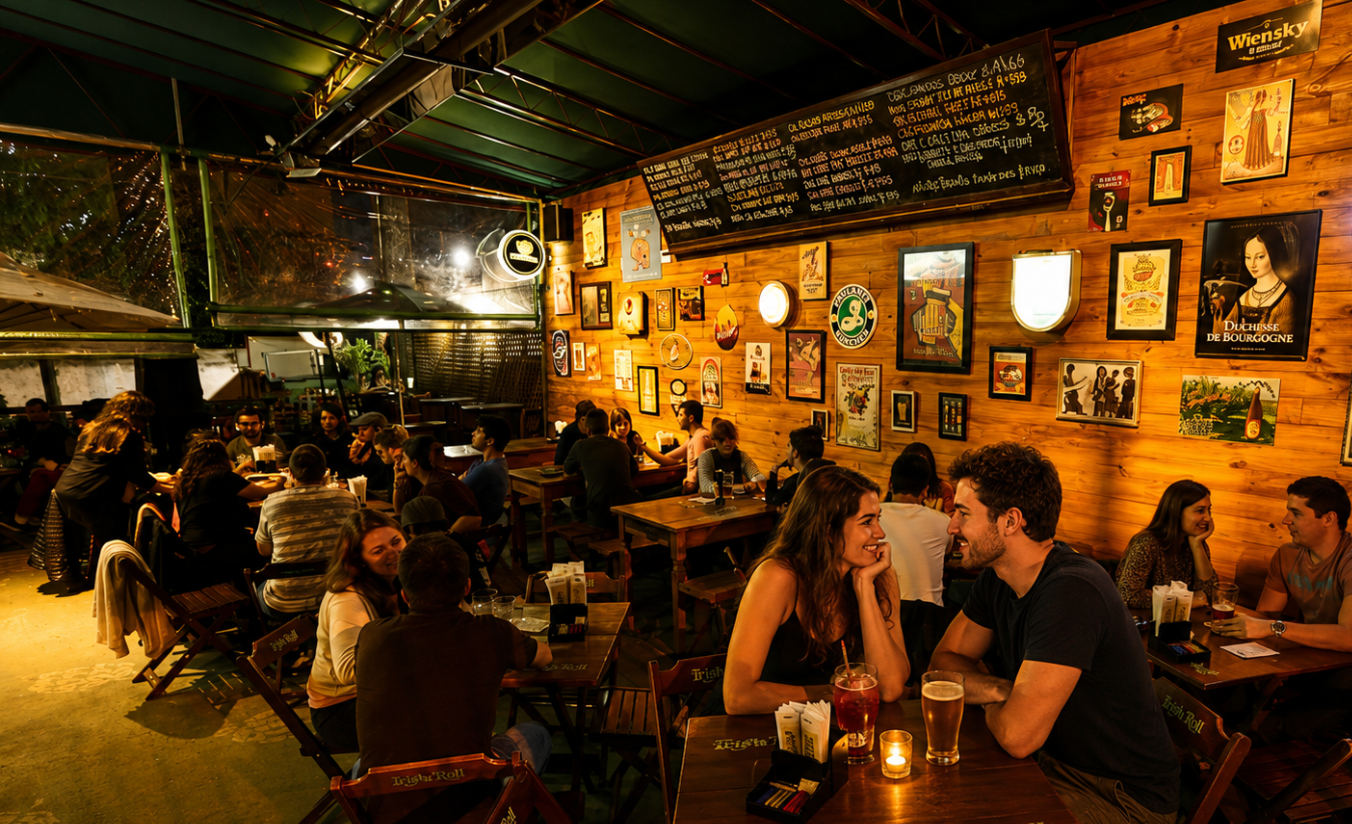 Casal em um bar sofisticado no bairro Batel em Curitiba durante a noite