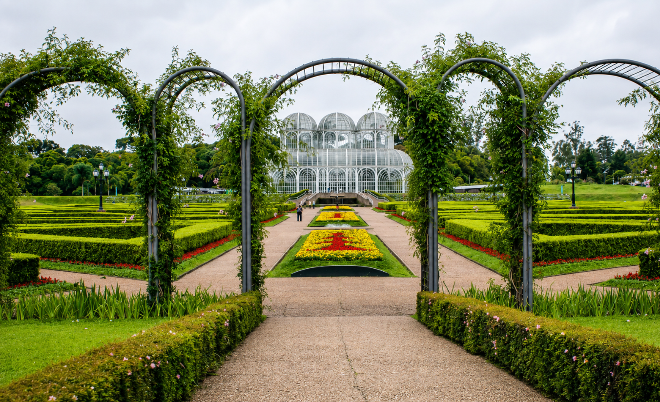 Estufa de ferro e vidro do Jardim Botânico de Curitiba com jardins em estilo francês ao redor