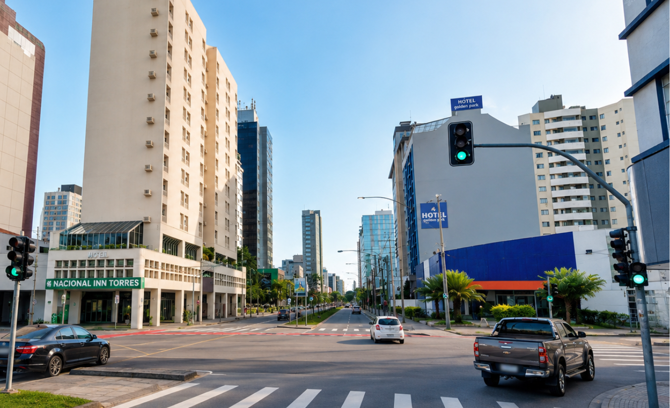Vista da Rua Mariano Torres em Curitiba com os dois hotéis da Rede Nacional Inn em lados opostos da via