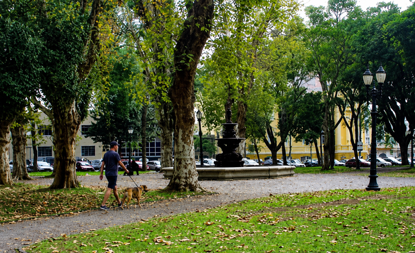 Vista de praça arborizada em Curitiba com tutor e cachorro caminhando ao fundo