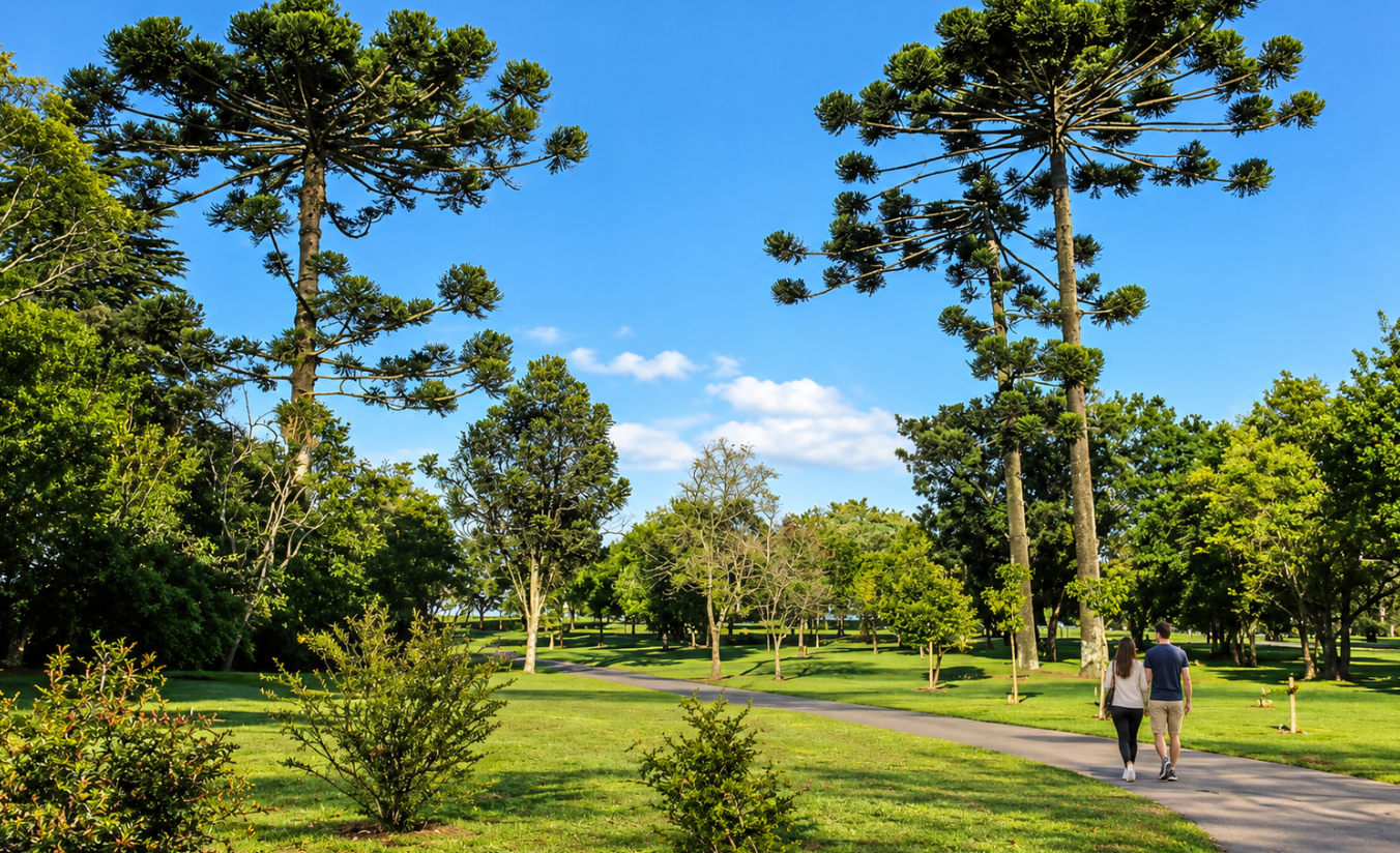 Casal caminhando entre as araucárias do Jardim Botânico de Curitiba em dia de sol