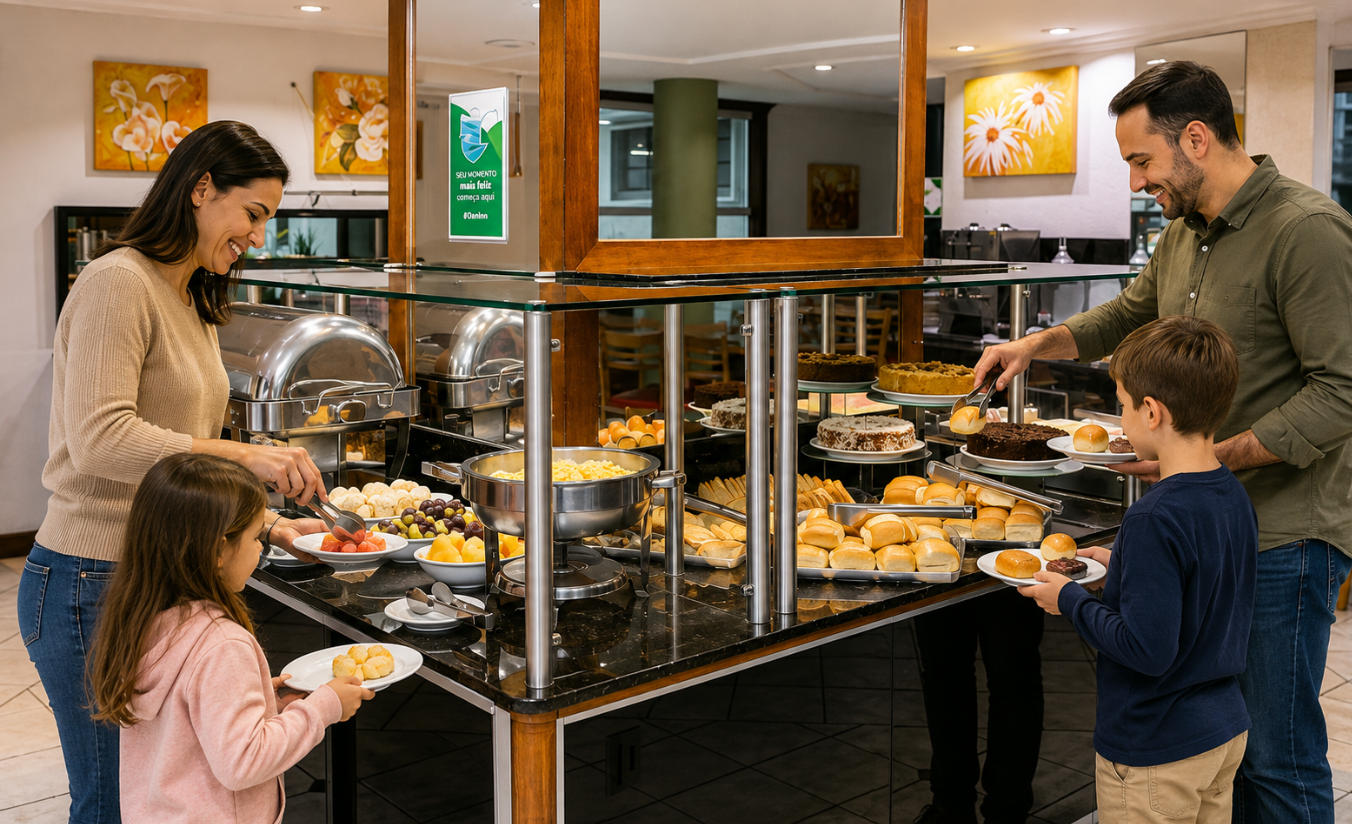 Família tomando café da manhã em hotel no centro de Curitiba antes de sair para passear