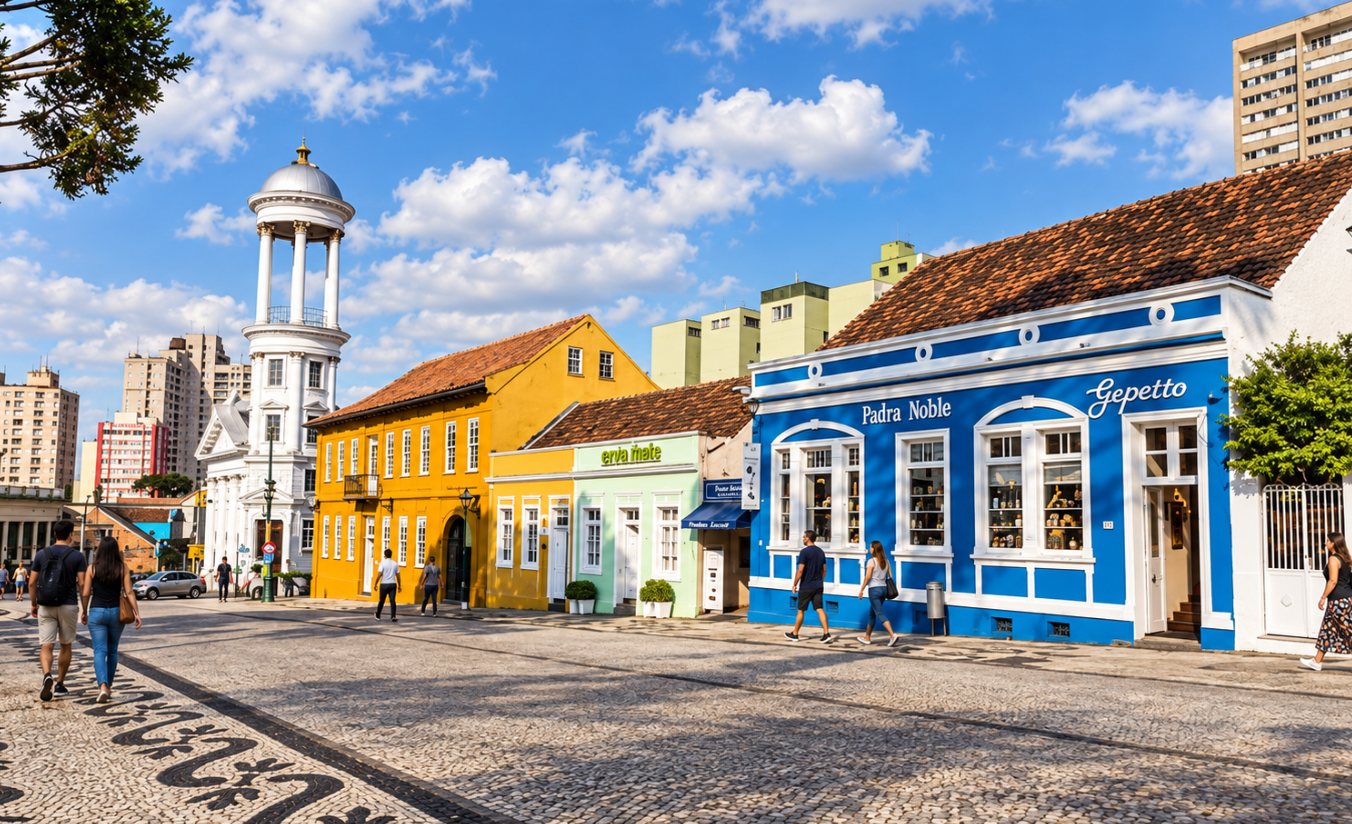 Rua histórica no Centro de Curitiba com fachadas coloridas e movimento de pedestres